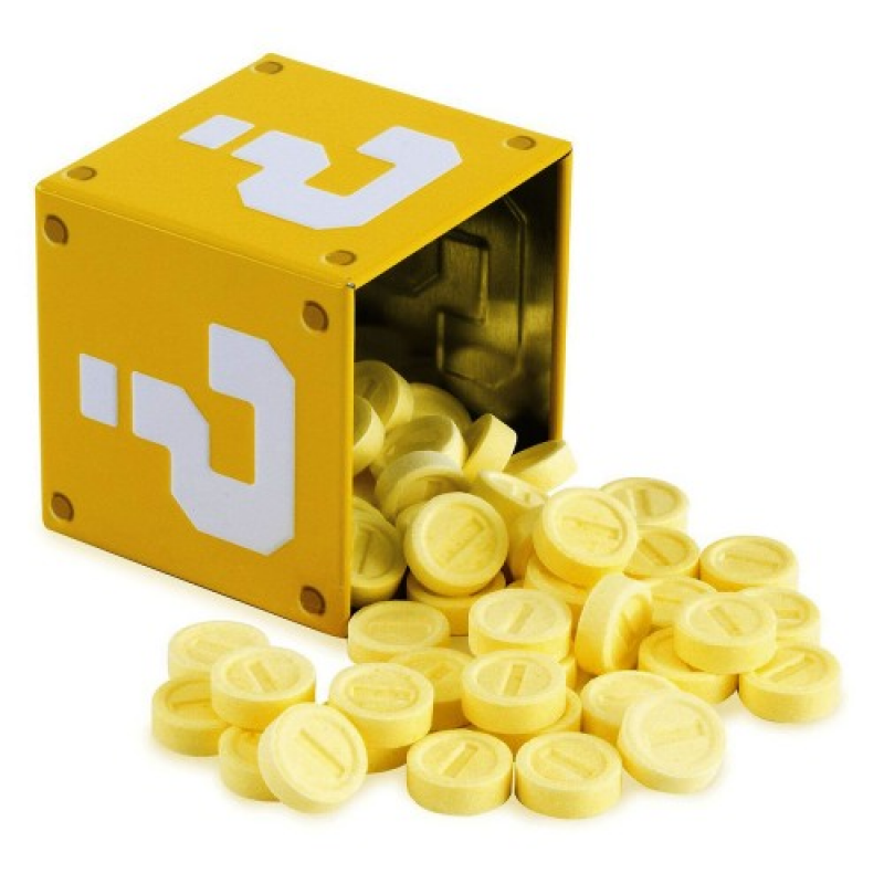Front of Nintendo Super Mario Coin Candies packaging featuring yellow coin-shaped candies and a vibrant design (34g pack)