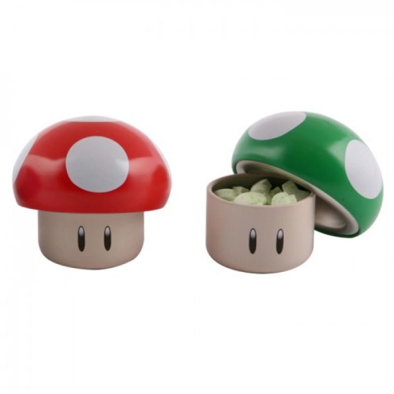 Front of Nintendo Super Mario Mushroom Sours Tin showing colourful mushroom design with fruity sweet details and 28g pack size