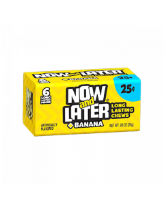 Front of Now & Later Banana Fruit Chews box showing bright yellow packaging with banana flavour label and 26g pack size.