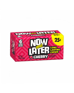 Front of Now & Later Cherry Fruit Chews box featuring bold branding, cherry flavour label, and 26g pack size.