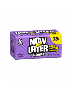 Front of Now & Later Grape Fruit Chews pack showing purple logo, grape flavour label, and 26g size details.