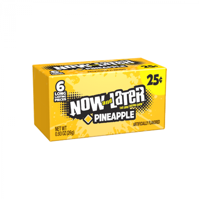 Front of Now & Later Pineapple Fruit Chews box showing yellow packaging, pineapple flavour label, and details about long-lasting chewy pieces (26g pack)