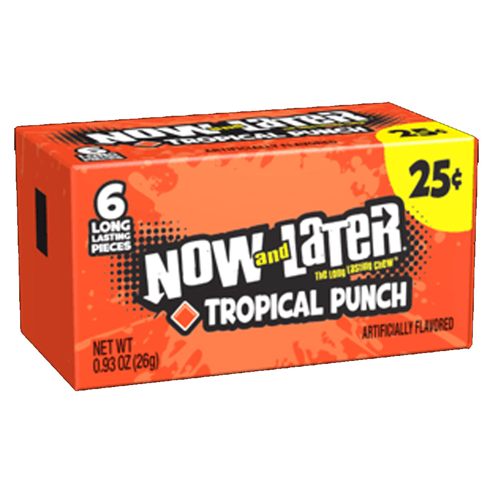 Front of Now & Later Tropical Punch Fruit Chews box showing vibrant orange packaging, bold logo, and indicating 6 long-lasting pieces (26g pack)