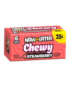 Front of Now & Later Strawberry Fruit Chews pack showing bright red design, chewy candy label, and strawberry flavour details (26g)