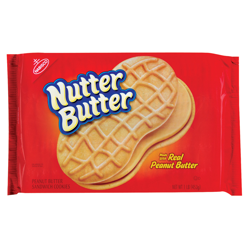 Front of Nutter Butter Creme Peanut Butter Sandwich Cookies bag showing brand logo, peanut-shaped cookies, and pack size (453g)