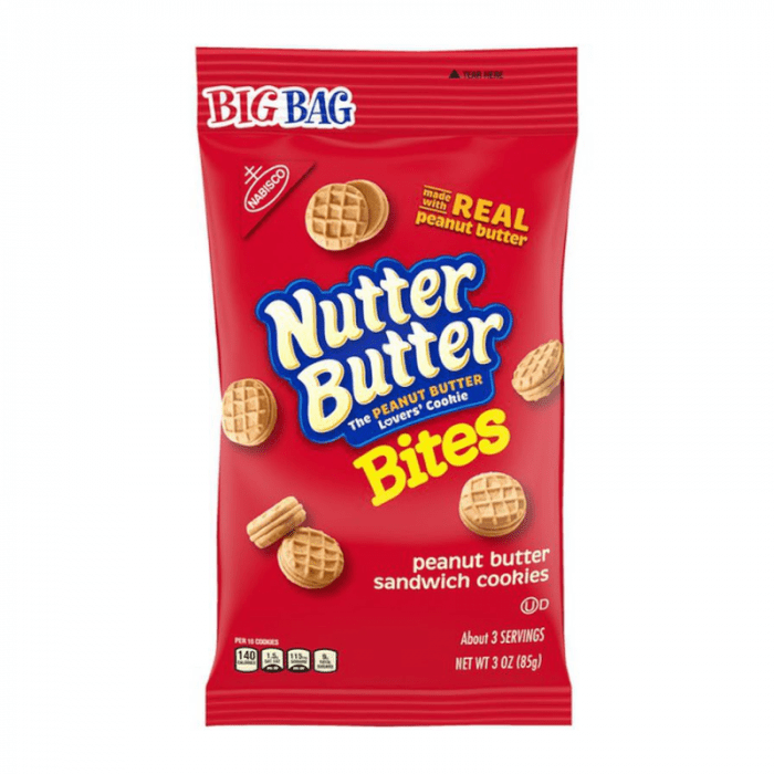 Front of Nutter Butter Snack Pack showing red bag with blue and yellow logo, featuring peanut butter sandwich cookies, (85g pack)