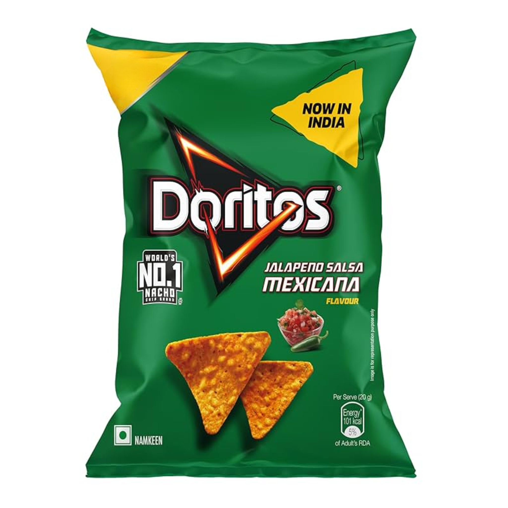 Front of Doritos Jalapeno Salsa Mexicana bag showing the logo, jalapeno salsa flavour image, and tortilla chips (45g pack)