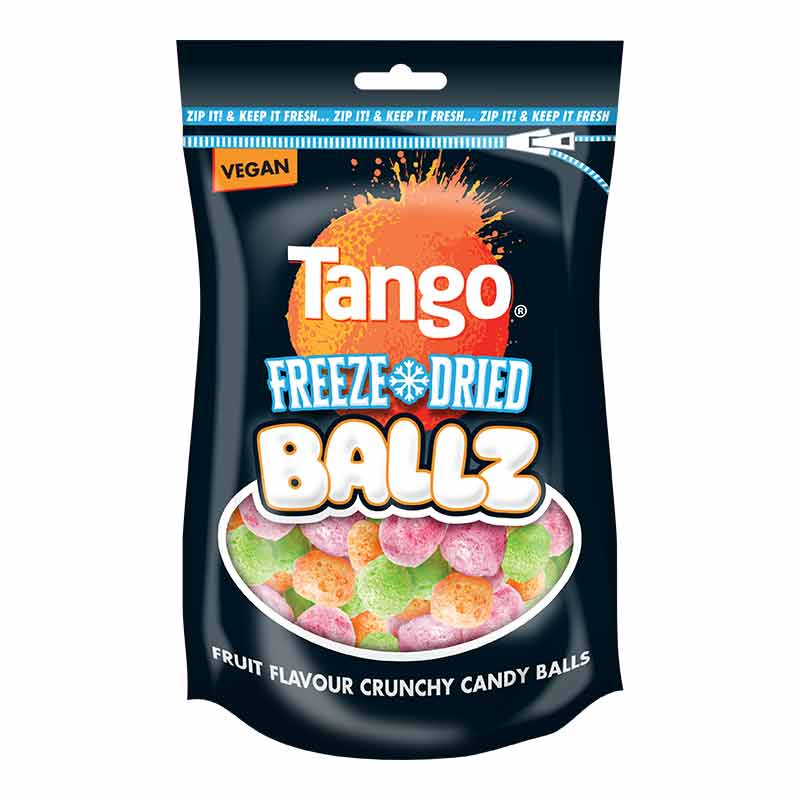 Front of a bag of Tango Freeze Dried Ballz showing logo, fruit flavour label, and colorful crunchy candy balls (35g pack)