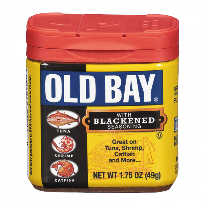 Front of Old Bay Blackened Seasoning Blend container showing bold logo, blackened seasoning label, and images of tuna, shrimp, and catfish (60g pack)