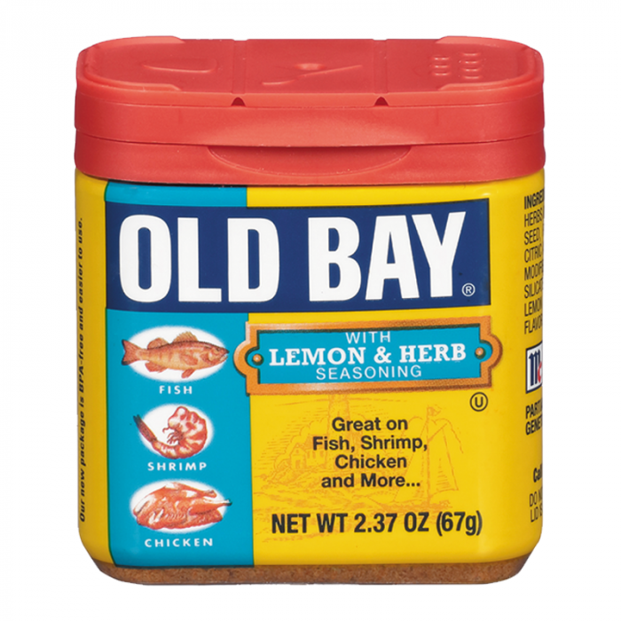 Front of Old Bay Lemon & Herbs Seasoning Blend jar showing vibrant label, logo, and details for use on fish, shrimp, and chicken (60g pack)