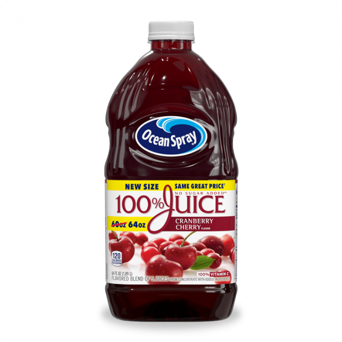 Front of Ocean Spray Cranberry Cherry Juice bottle showing blue logo, cranberry cherry flavour label, and large 1.89 Litre capacity.