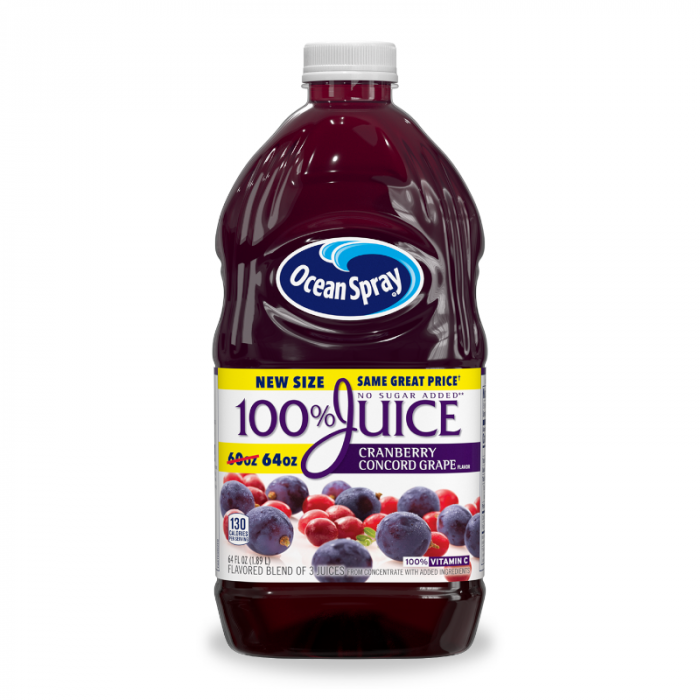 Front of Ocean Spray Cranberry Grape Juice bottle showing the logo, cranberry grape flavour label, and 1.89 litre size.