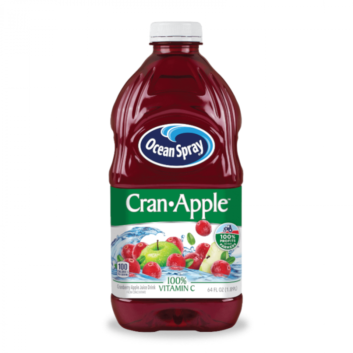 Front of Ocean Spray Cran-Apple Juice bottle showing the logo, Cran-Apple flavour, and 1.89 litre size.
