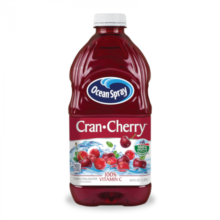 Front of Ocean Spray Cran-Cherry Juice bottle showing logo, cran-cherry blend, and pack size of 1.89 Litre