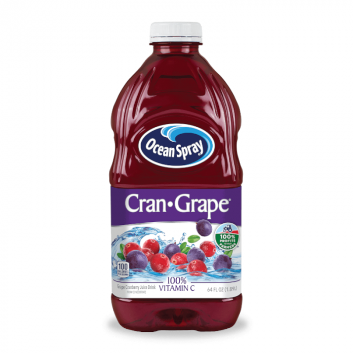 Front of Ocean Spray Cran-Grape Juice bottle showing brand logo, Cran-Grape flavour label, and pack size (1.89 Litre)