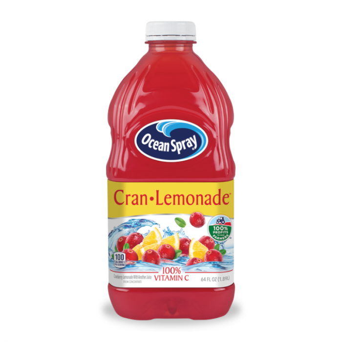 Front of Ocean Spray Cran-Lemonade Juice bottle with logo, cranberry and lemon graphics, and 1.89 litre size label.