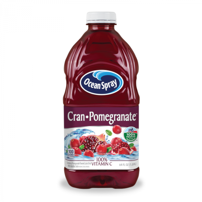 Front of Ocean Spray Cran-Pomegranate Juice bottle showing logo, cranberry and pomegranate images, and 1.89L pack size.