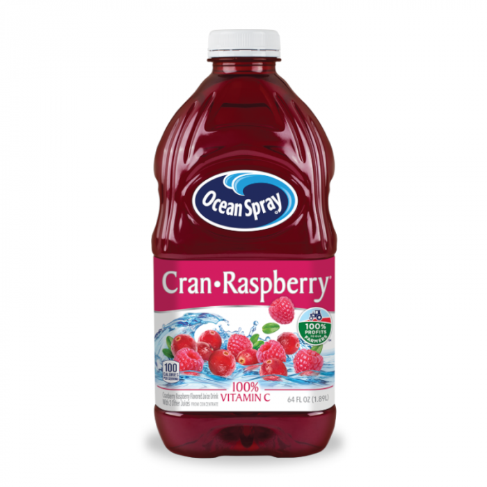 Front of Ocean Spray Cran-Raspberry Juice bottle showing brand logo, Cran-Raspberry flavour, and 1.89 Litre pack size