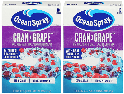 Front of Ocean Spray Cran x Grape Singles to Go package displaying logo, drink mix name, and cranberry and grape imagery (300g pack)