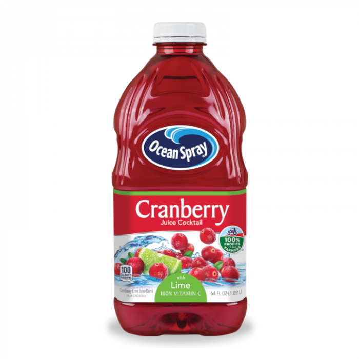 Front of Ocean Spray Cranberry Juice with Lime bottle displaying the logo, cranberry and lime imagery, and 1.89 litre pack size.