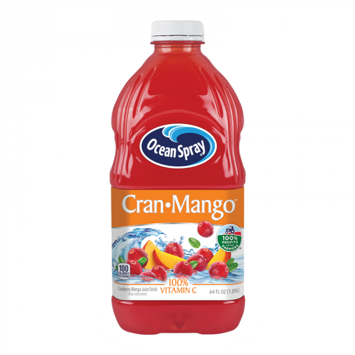 Front of Ocean Spray Cran-Mango Juice bottle showing logo, Cran-Mango label, and fruity imagery (1.89 Litre pack)