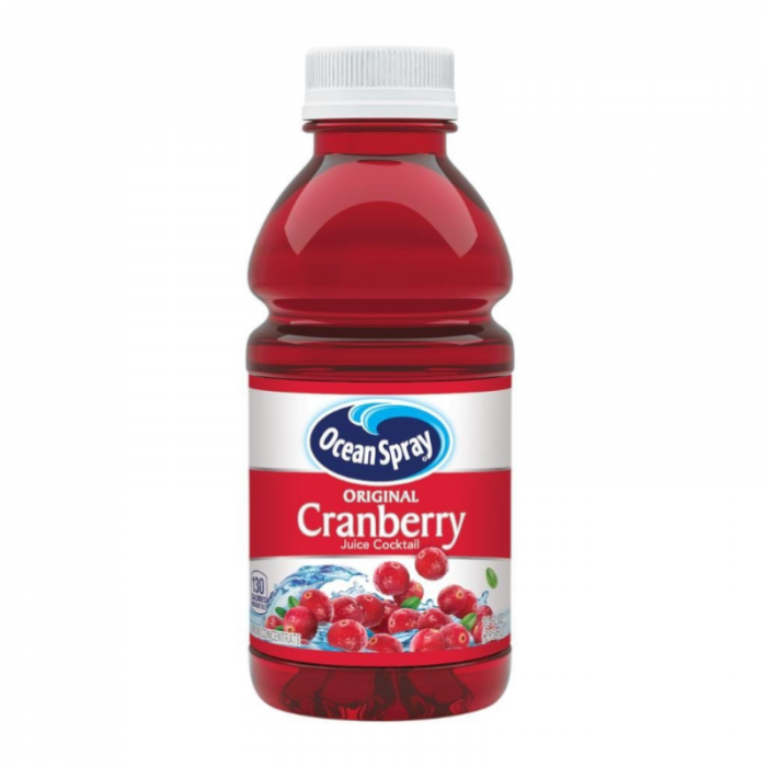 Front of Ocean Spray Original Cranberry Juice bottle showing logo, cranberry label, and image of cranberries (295ml pack)