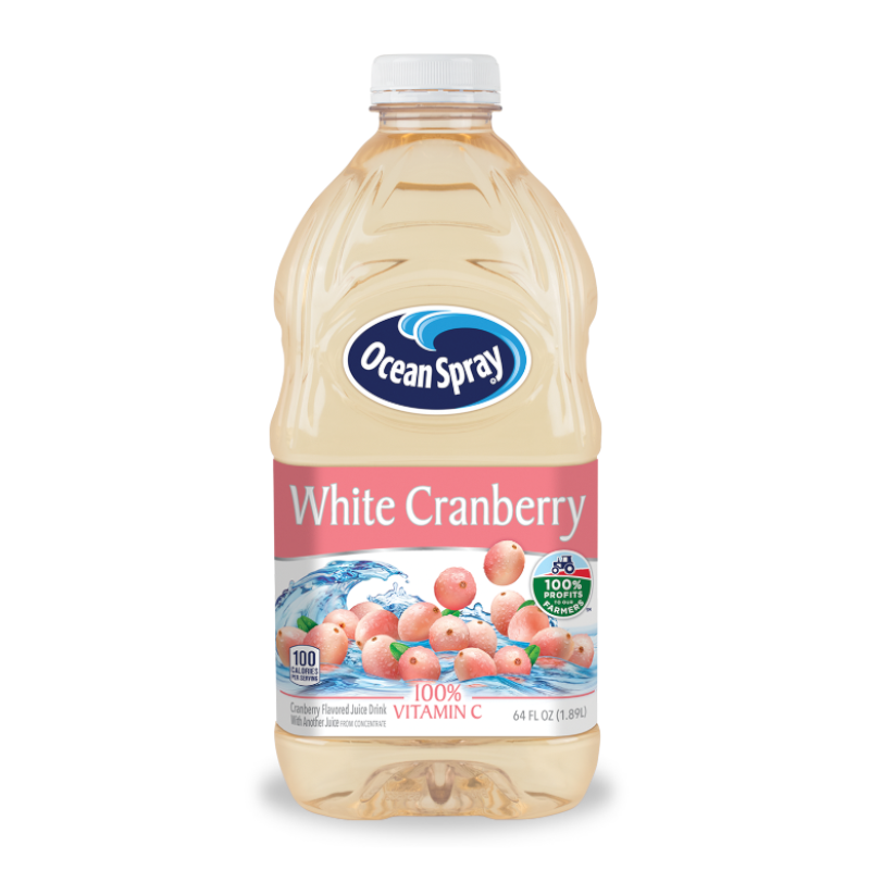 Front of Ocean Spray White Cranberry Juice bottle showing the logo, white cranberry label, and pack size (1.89 Litre)