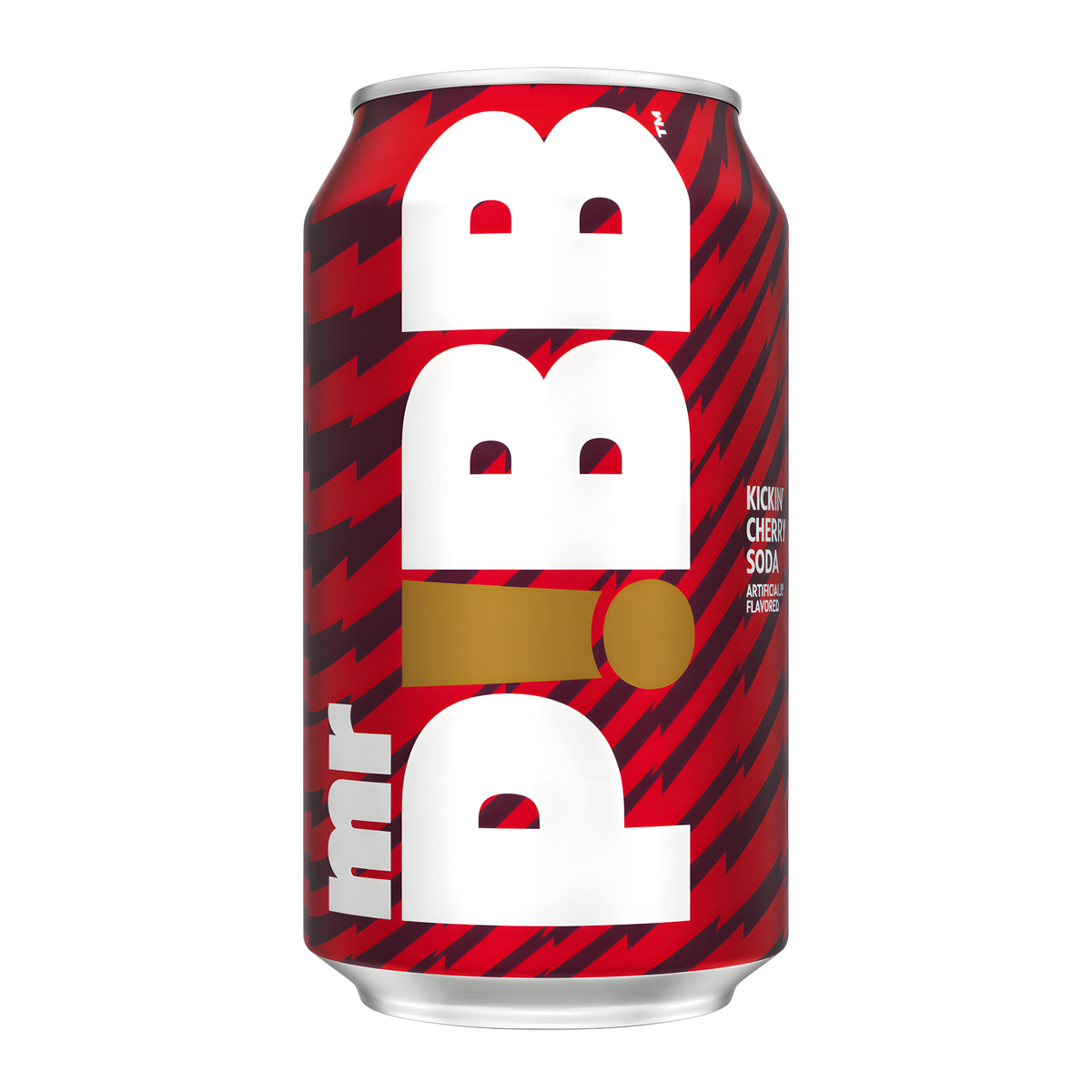 Front of Mr Pibb Kickin' Cherry Soda can showcasing bold logo, vibrant cherry design, and 355ml size