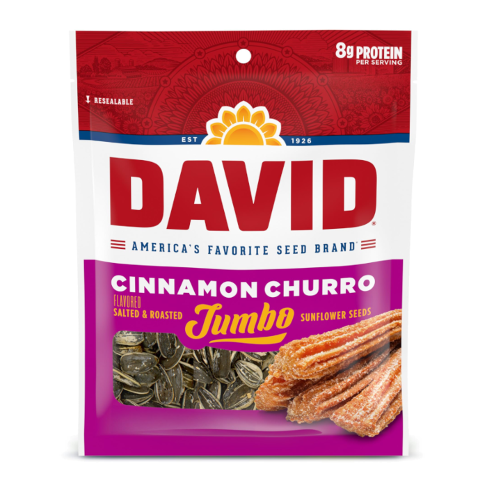 Front of David's Jumbo Sunflower Seeds Cinnamon Churro bag showing the brand logo, flavour name, and pack size (149g)