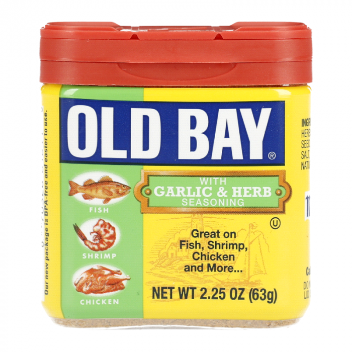 Front of Old Bay Garlic & Herb Seasoning jar showing bold logo and vibrant yellow label with fish, shrimp, and chicken graphics (60g pack)