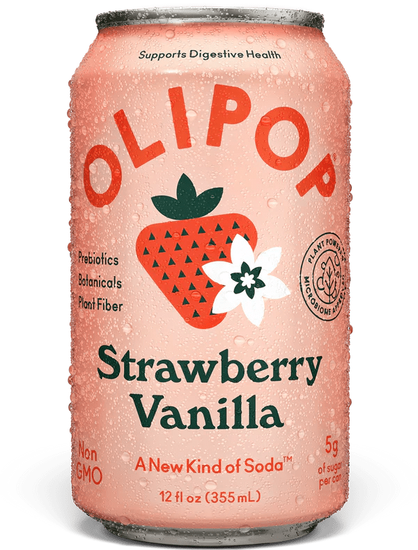 Front of Olipop Strawberry Vanilla can showing vibrant strawberry and vanilla design, 355ml label and botanical illustrations.