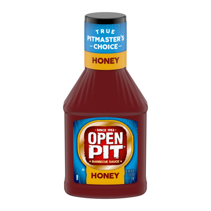Front of Open Pit Honey Barbecue Sauce bottle featuring the logo and honey barbecue label (510g)
