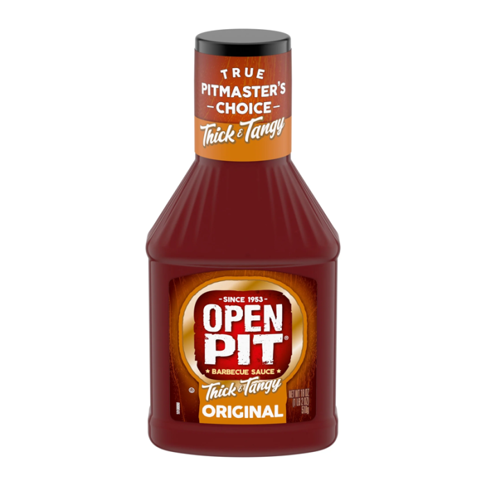Front of Open Pit Thick & Tangy Barbecue Sauce bottle featuring bold graphics, rich red colour, and 510g size
