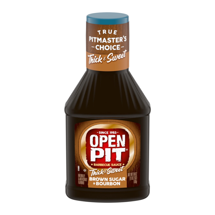 Front of Open Pit Thick & Sweet Brown Sugar & Bourbon Barbecue Sauce bottle showing logo and flavour details (510g pack)