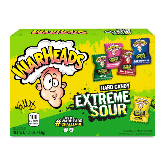Front of Warheads Extreme Sour Hard Candy Theater Box showing vibrant yellow packaging, cartoon character logo, and variety of sour flavours (42g)