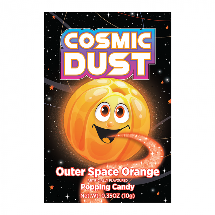 Front of Cosmic Dust Outer Space Orange Popping Candy pack showing bright orange candy character, space theme, and packaging details (10g)