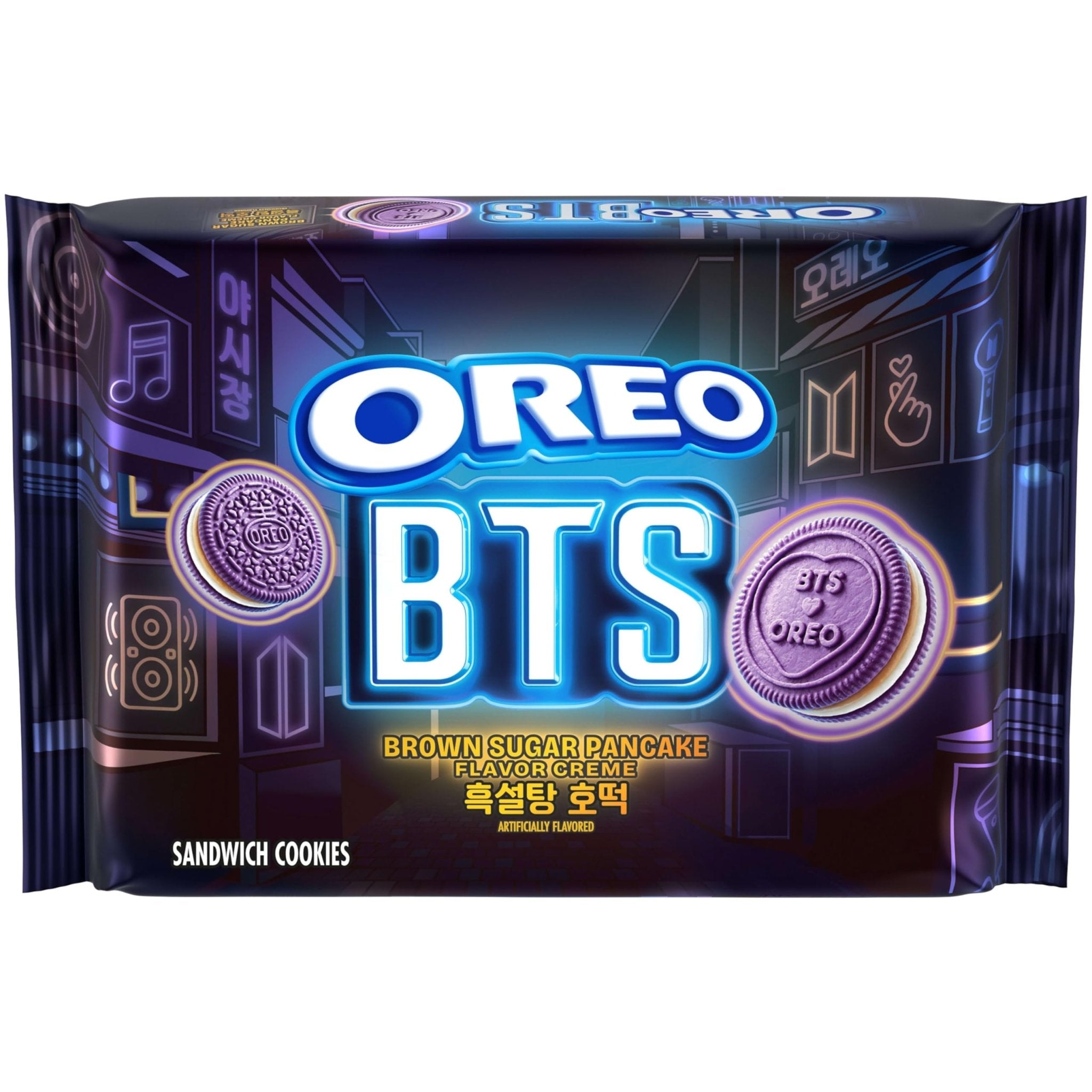 Front of a pack of Oreo BTS Brown Sugar Pancake Sandwich Cookies showing bold logo, brown sugar pancake flavour label, and artistic design (303g pack)