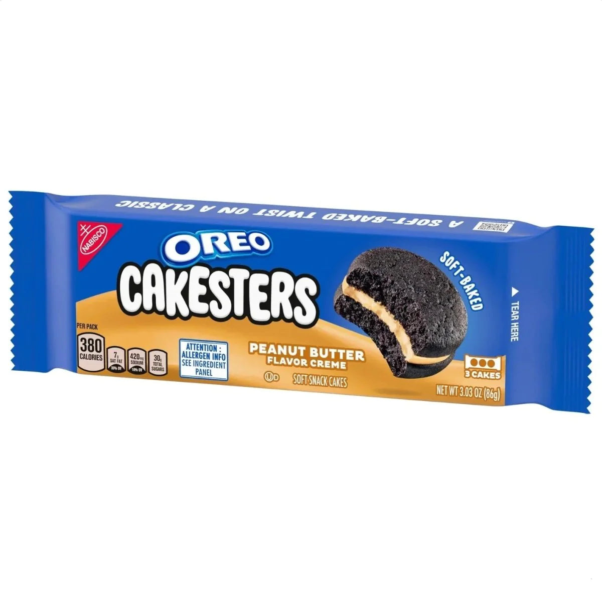 Front of Oreo Peanut Butter Cakesters packaging featuring the Oreo logo, peanut butter flavour label, and an image of soft-baked snack cakes (86g pack)