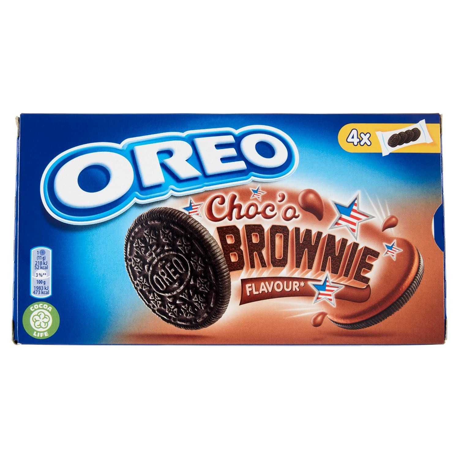 Front of Oreo Choco Brownie pack showing the Oreo logo, brownie flavour label, and design elements (176g pack)