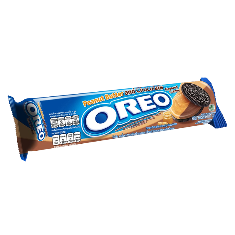 Front of Oreo Peanut Butter and Chocolate Cookies package showing the logo, flavour description, and chocolate with peanut butter cream filling (119.6g pack)