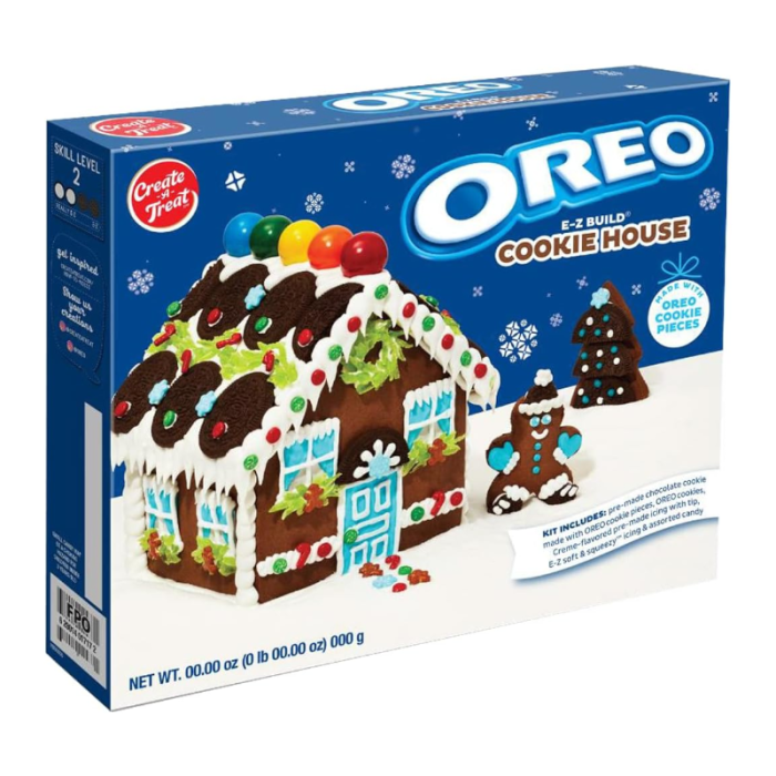 Front of Oreo E-Z Build Your Own Cookie House Kit box showing the colourful cookie house design, Oreo cookies, and festive decorations (763g)