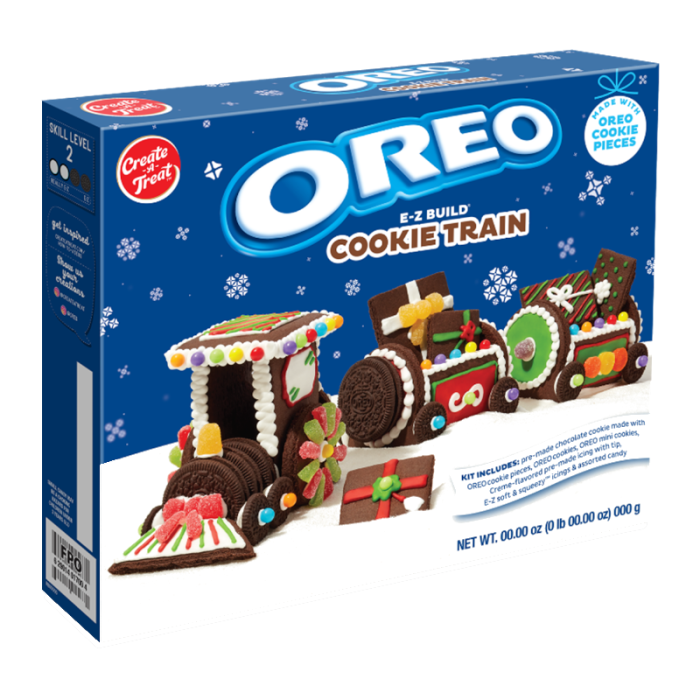 Front of Oreo E-Z Build Your Own Cookie Train Kit box showing vibrant blue packaging, cookie train design, and 627g weight.