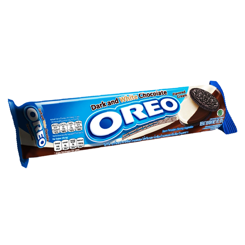 Front of Oreo Dark and White Chocolate Cookies package showing blue branding, dark and white chocolate flavour, and pack size of 119.6g