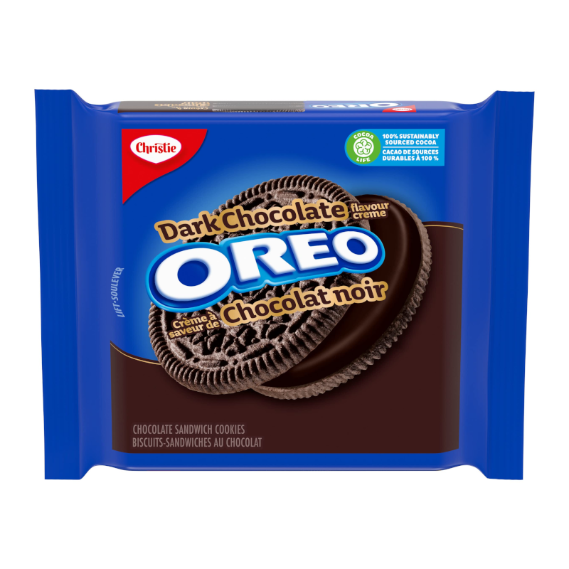 Front of OREO Dark Chocolate Cookies pack showing blue packaging, dark chocolate flavour label, and chocolate sandwich cookies (261g)