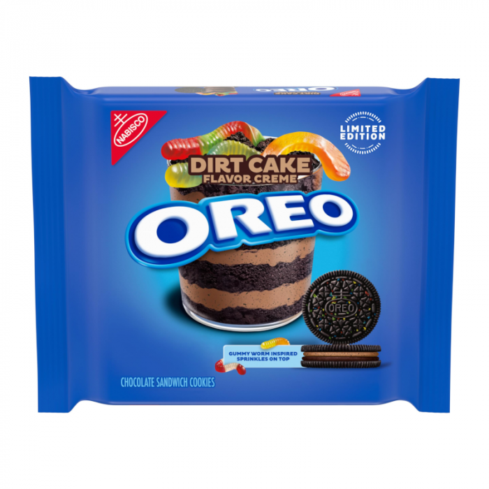 Front of Oreo Dirt Cake Creme Sandwich Cookies package featuring the Oreo logo, dirt cake flavour label, and image with gummy worm sprinkles (303g pack)