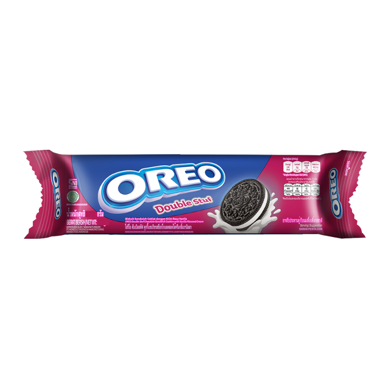 Front of Oreo Double Stuff Cookies pack showing the brand logo, cookie design, and vibrant packaging (131.1g pack)