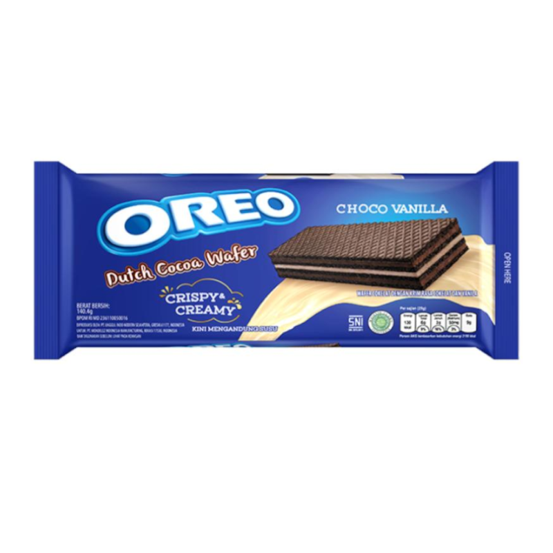 Front of Oreo Dutch Cocoa Wafer Choco Vanilla packaging displaying the logo, choco and vanilla wafer images, and 140.4g weight
