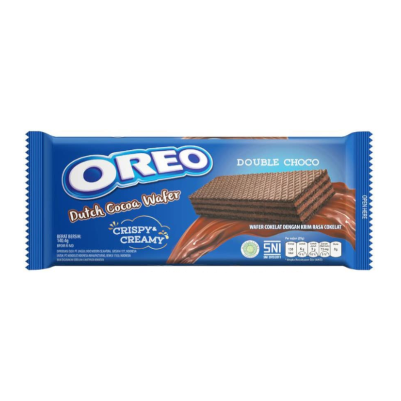 Front of Oreo Dutch Cocoa Wafer Double Choco packaging showing the Oreo logo, cocoa wafer details, and double chocolate filling (140.4g pack)