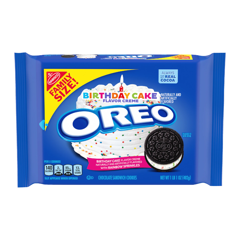 Front of Oreo Birthday Cake packaging showing blue logo, birthday cake flavour label, and rainbow sprinkles (482g pack)