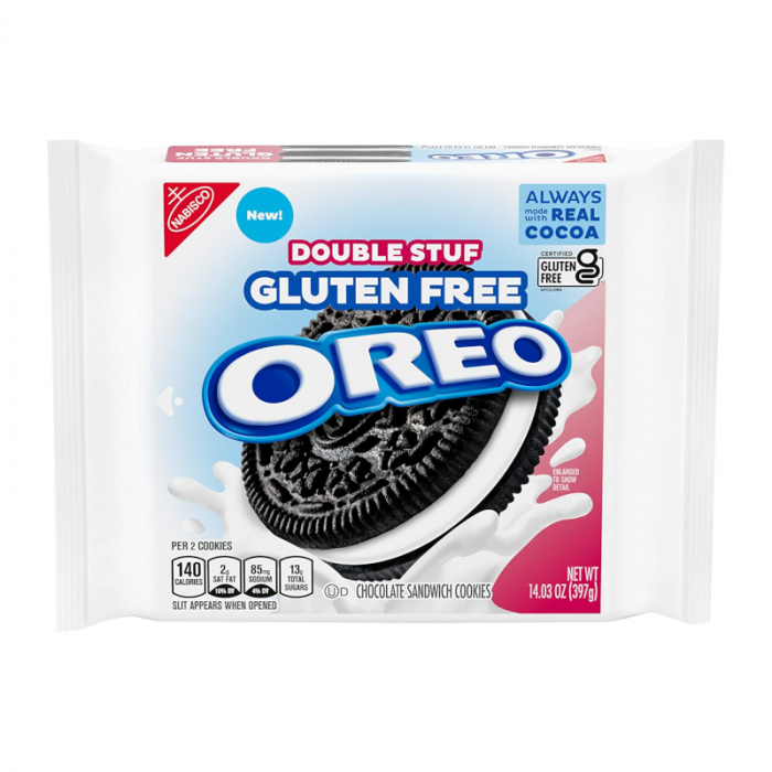 Front of Oreo Gluten Free Double Stuf Cookies packaging showing bold Oreo logo, double stuf label, and image of wholesome chocolate sandwich cookies (353g pack)